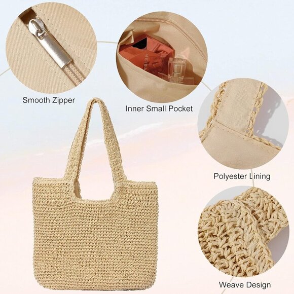 Large Woven Straw Beach Bag Women Summer Tote Handbag Purse Vacation - Picture 6 of 7